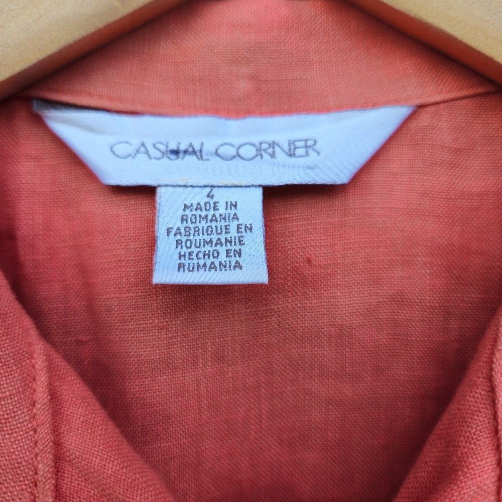 100% LINEN  button up tie waist coral dress, sleeveless w collar 052 - Picture 7 of 8